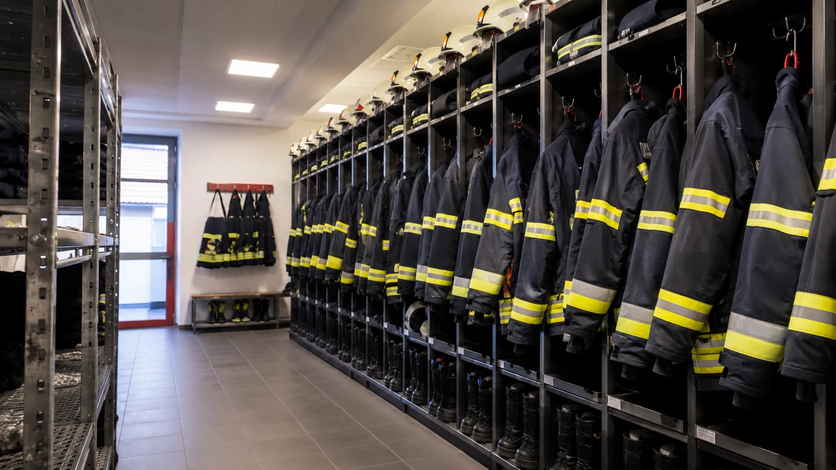 Reihen aufgehängter Feuerwehrjacken mit Reflexstreifen und Helmen in einer Kleiderkammer