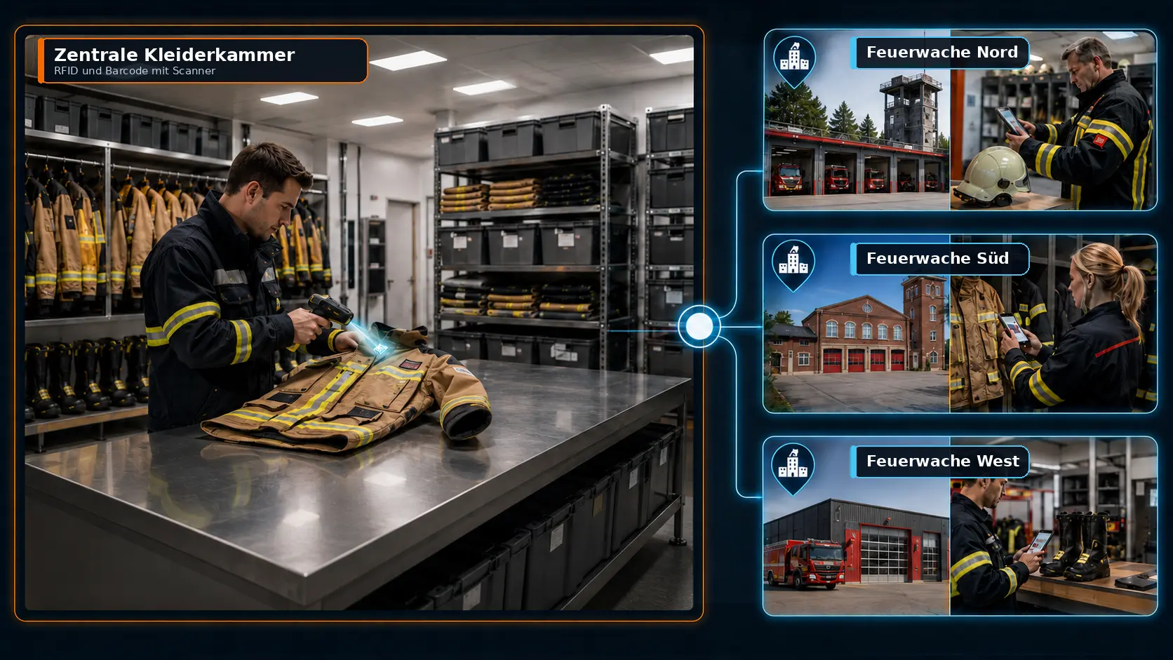 Zentrale Feuerwehrkleiderkammer mit Scanner und drei angebundenen Feuerwachen, die Artikel mit Smartphone oder Tablet erfassen
