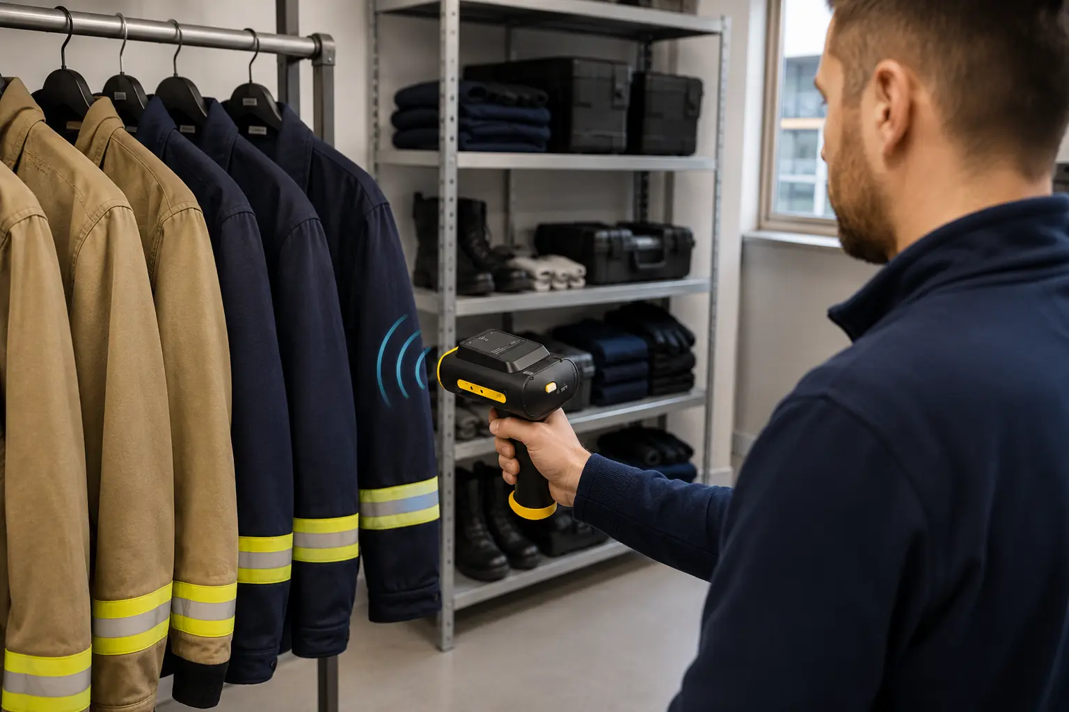 Mitarbeiter erfasst PSA im Ausrüstungslager mit einem mobilen RFID-Scanner